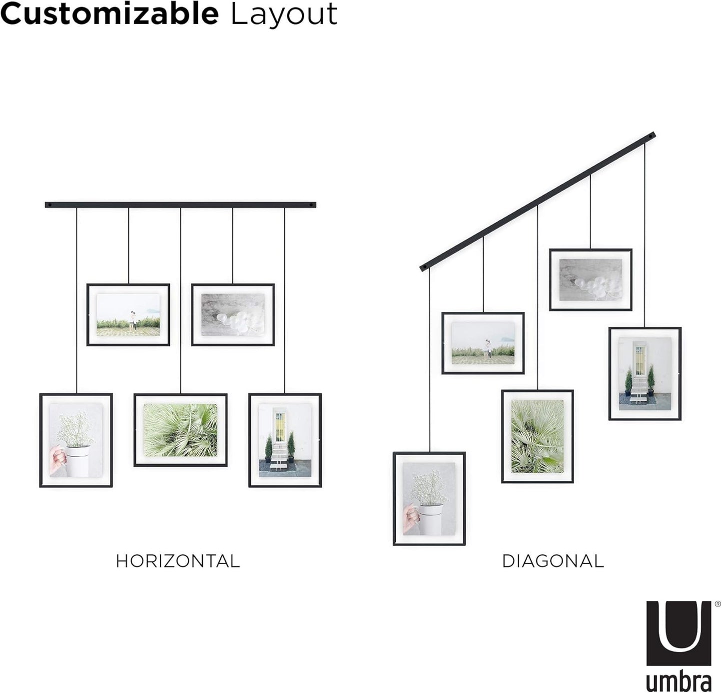 Umbra Exhibit Picture Frame Gallery Set, Adjustable Wall Collage Displays Five Photos (Two 4x6 and Three 5x7), Set of 5, Black