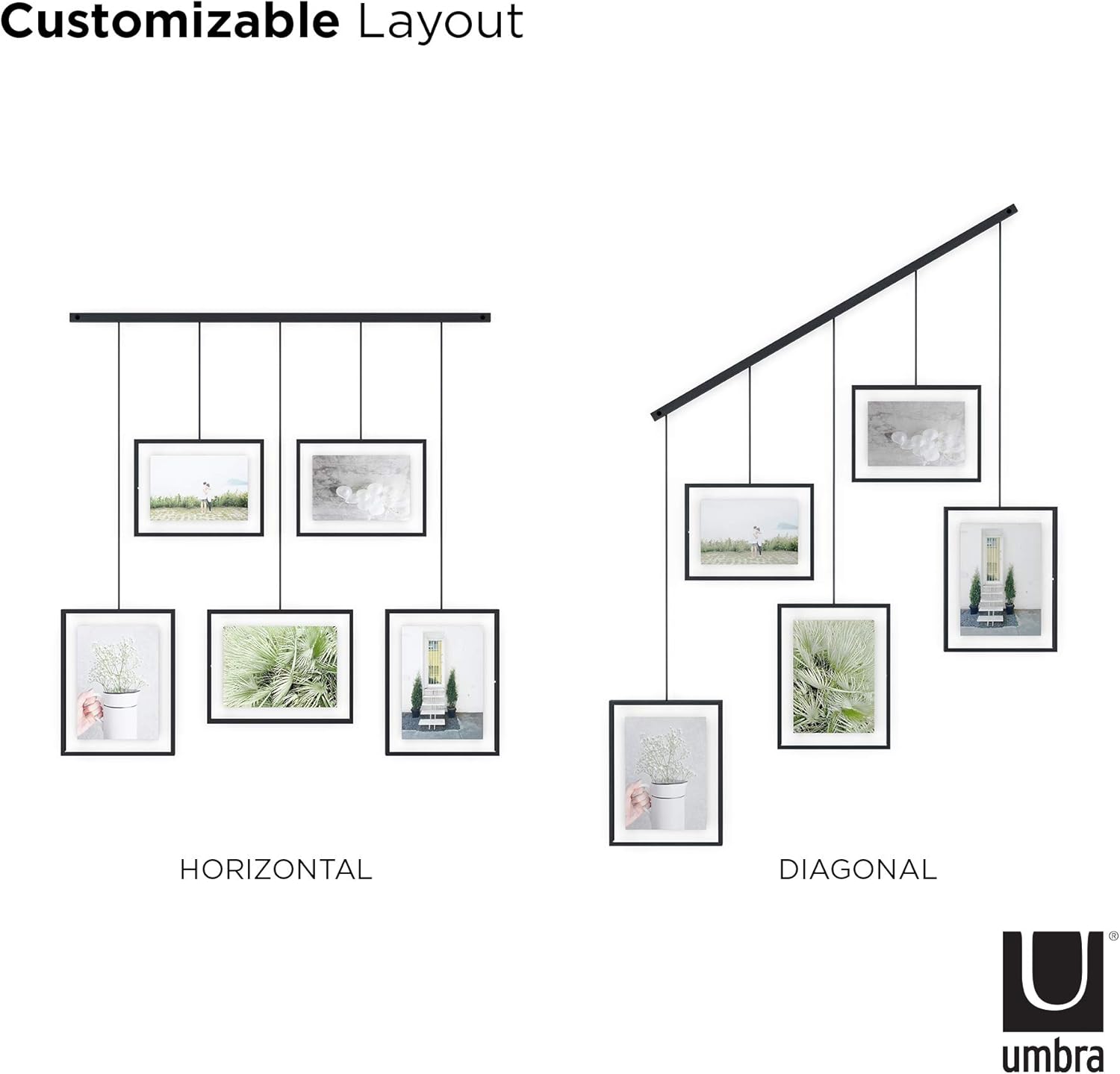 Umbra Exhibit Picture Frame Gallery Set, Adjustable Wall Collage Displays Five Photos (Two 4x6 and Three 5x7), Set of 5, Black