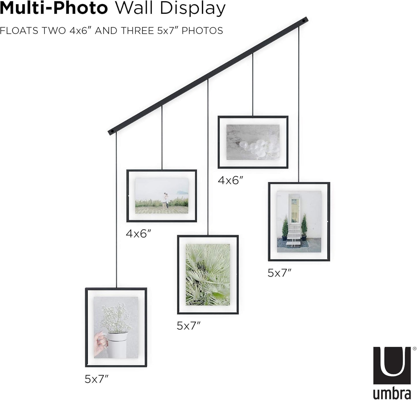 Umbra Exhibit Picture Frame Gallery Set, Adjustable Wall Collage Displays Five Photos (Two 4x6 and Three 5x7), Set of 5, Black