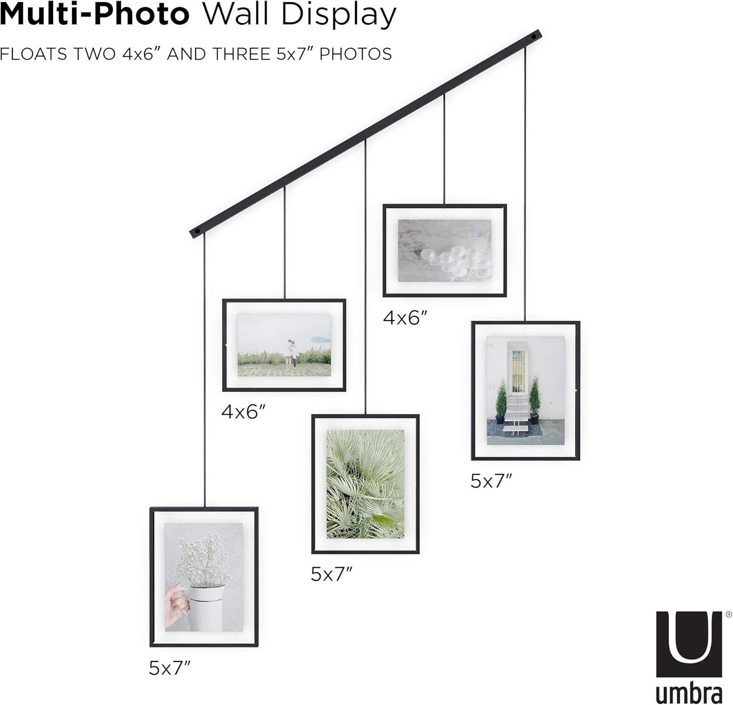 Umbra Exhibit Picture Frame Gallery Set, Adjustable Wall Collage Displays Five Photos (Two 4x6 and Three 5x7), Set of 5, Black