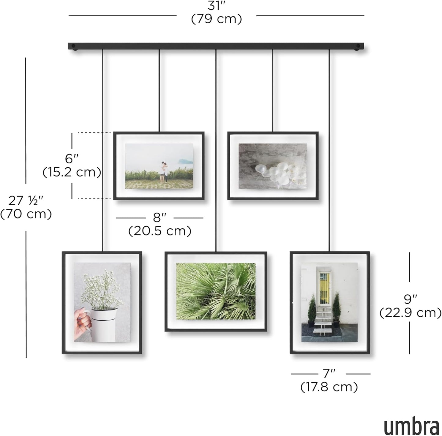 Umbra Exhibit Picture Frame Gallery Set, Adjustable Wall Collage Displays Five Photos (Two 4x6 and Three 5x7), Set of 5, Black