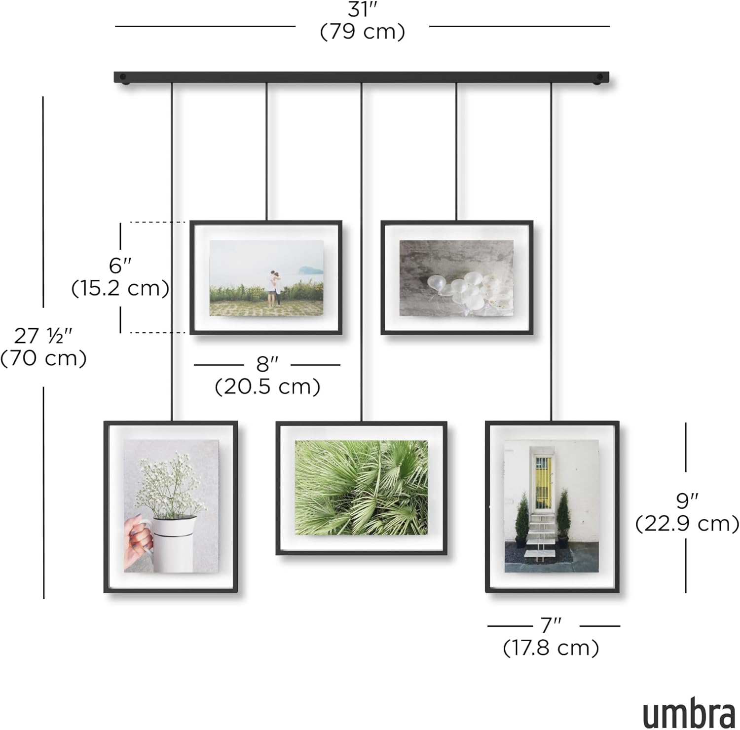 Umbra Exhibit Picture Frame Gallery Set, Adjustable Wall Collage Displays Five Photos (Two 4x6 and Three 5x7), Set of 5, Black