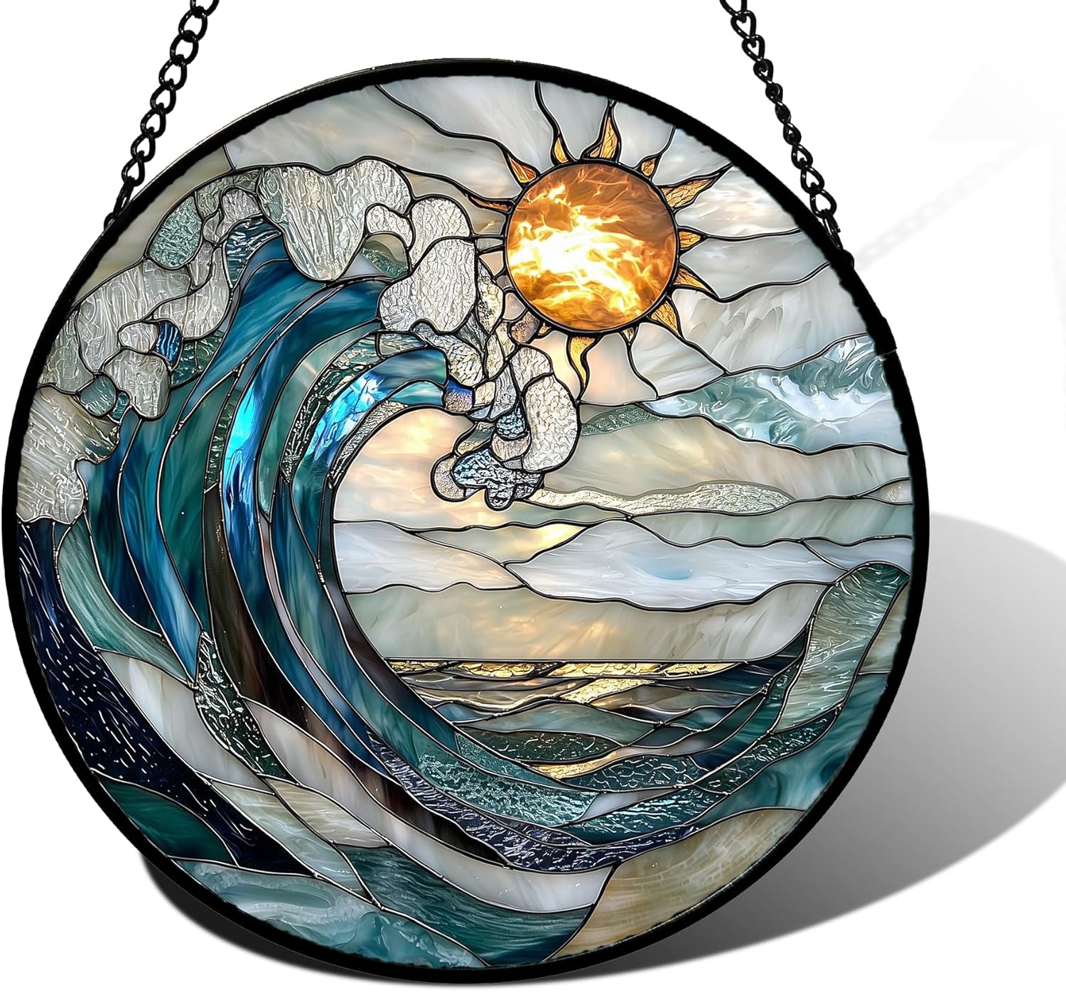 Stained Glass Window Hanging, Blue and White Waves Suncatcher Diamond Glass Panel Landscape Sun Catchers Decor for Birthday for Women, Men, Wife, Aunt, and Mom 7.8 in