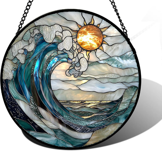 Stained Glass Window Hanging, Blue and White Waves Suncatcher Diamond Glass Panel Landscape Sun Catchers Decor for Birthday for Women, Men, Wife, Aunt, and Mom 7.8 in