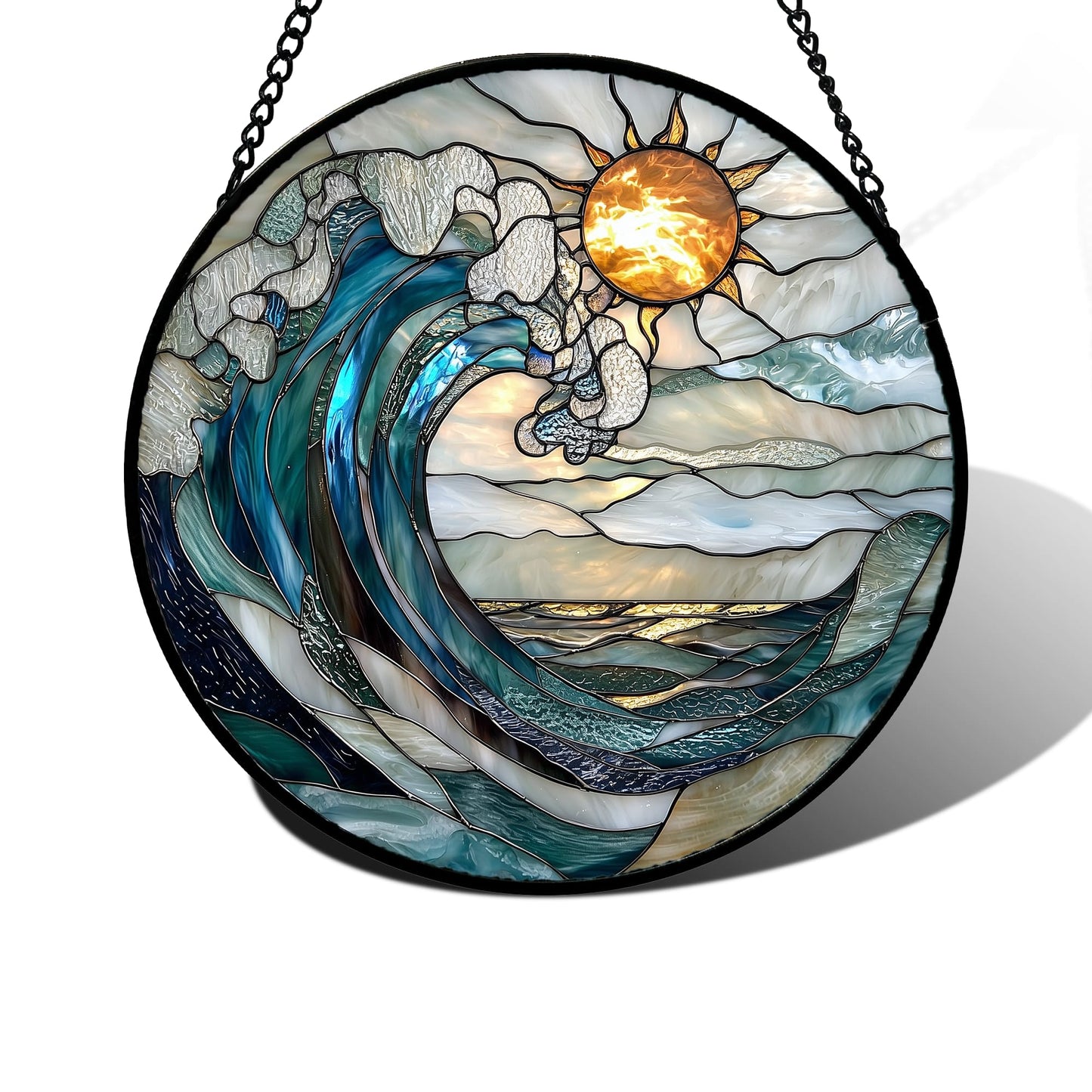 Stained Glass Window Hanging, Blue and White Waves Suncatcher Diamond Glass Panel Landscape Sun Catchers Decor for Birthday for Women, Men, Wife, Aunt, and Mom 7.8 in