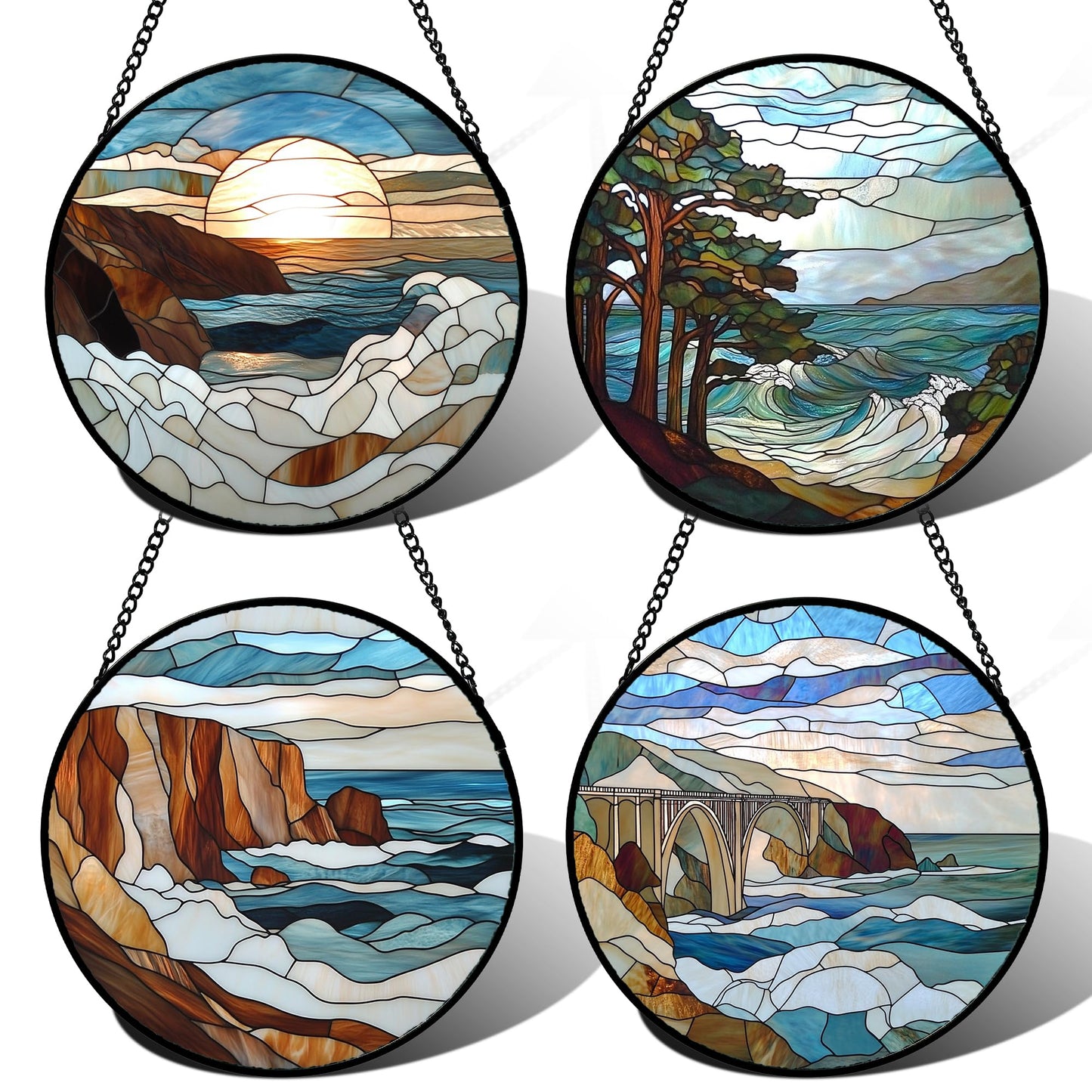 Stained Glass Window Hanging, Blue and White Waves Suncatcher Diamond Glass Panel Landscape Sun Catchers Decor for Birthday for Women, Men, Wife, Aunt, and Mom 7.8 in
