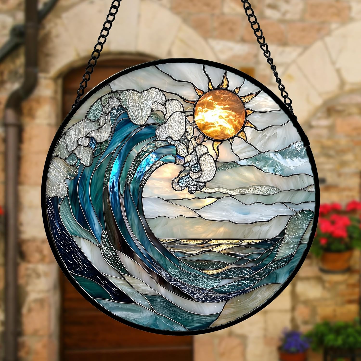 Stained Glass Window Hanging, Blue and White Waves Suncatcher Diamond Glass Panel Landscape Sun Catchers Decor for Birthday for Women, Men, Wife, Aunt, and Mom 7.8 in