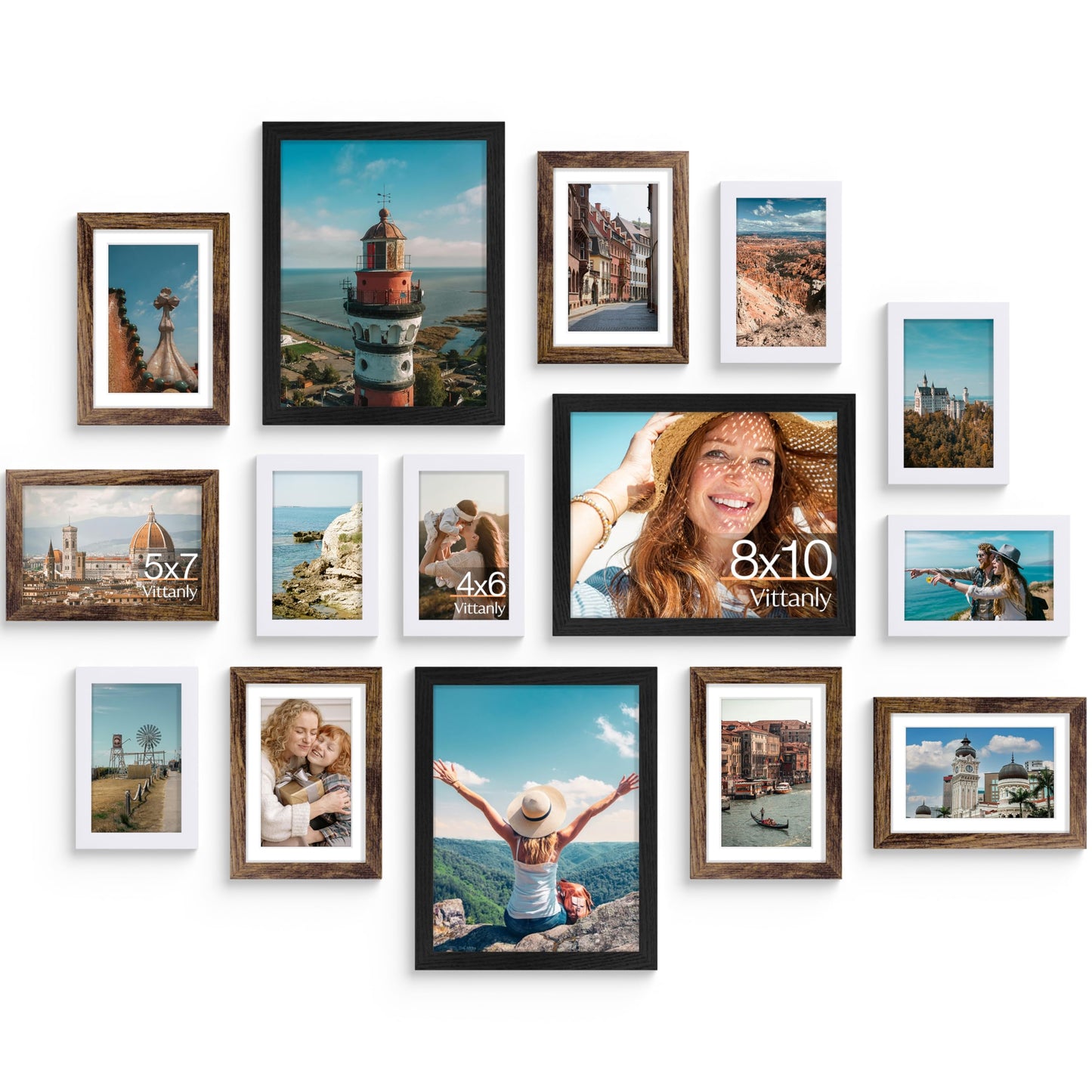 Vittanly 15 Pack Picture Frames Collage Wall Decor for Mounting or Tabletop Display, Gallery Frame Set for Family, Multi Sizes Including 3pcs 8x10, 6pcs 5x7, 6pcs 4x6, Black