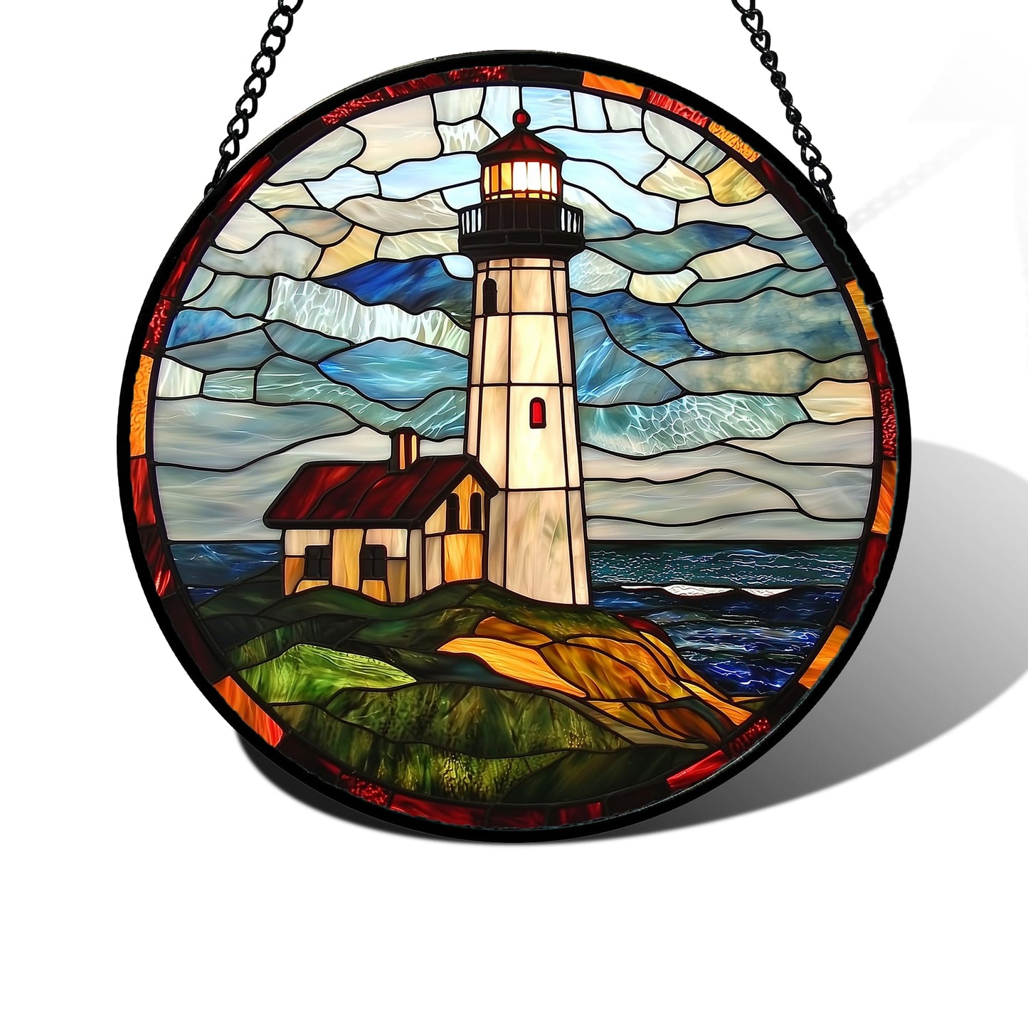 Stained Glass Window Hanging, Blue and White Waves Suncatcher Diamond Glass Panel Landscape Sun Catchers Decor for Birthday for Women, Men, Wife, Aunt, and Mom 7.8 in
