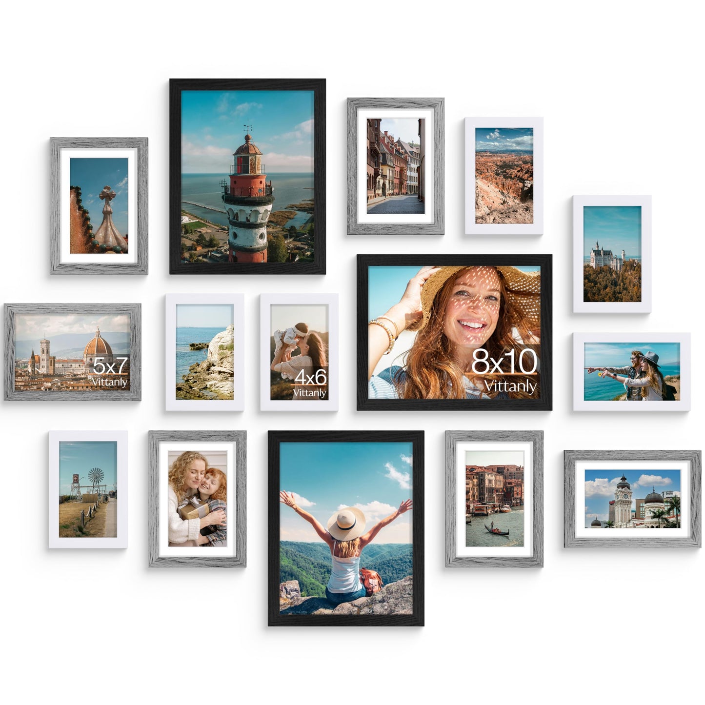 Vittanly 15 Pack Picture Frames Collage Wall Decor for Mounting or Tabletop Display, Gallery Frame Set for Family, Multi Sizes Including 3pcs 8x10, 6pcs 5x7, 6pcs 4x6, Black