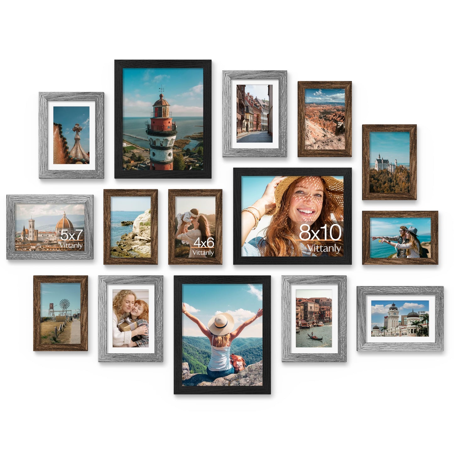 Vittanly 15 Pack Picture Frames Collage Wall Decor for Mounting or Tabletop Display, Gallery Frame Set for Family, Multi Sizes Including 3pcs 8x10, 6pcs 5x7, 6pcs 4x6, Black