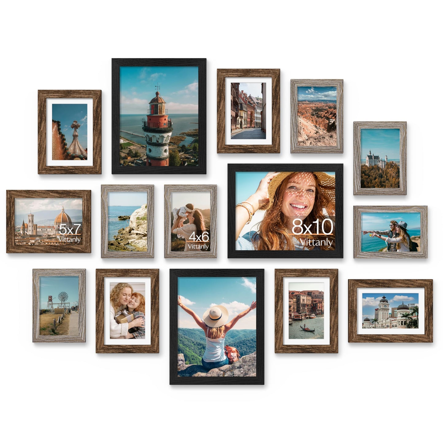 Vittanly 15 Pack Picture Frames Collage Wall Decor for Mounting or Tabletop Display, Gallery Frame Set for Family, Multi Sizes Including 3pcs 8x10, 6pcs 5x7, 6pcs 4x6, Black