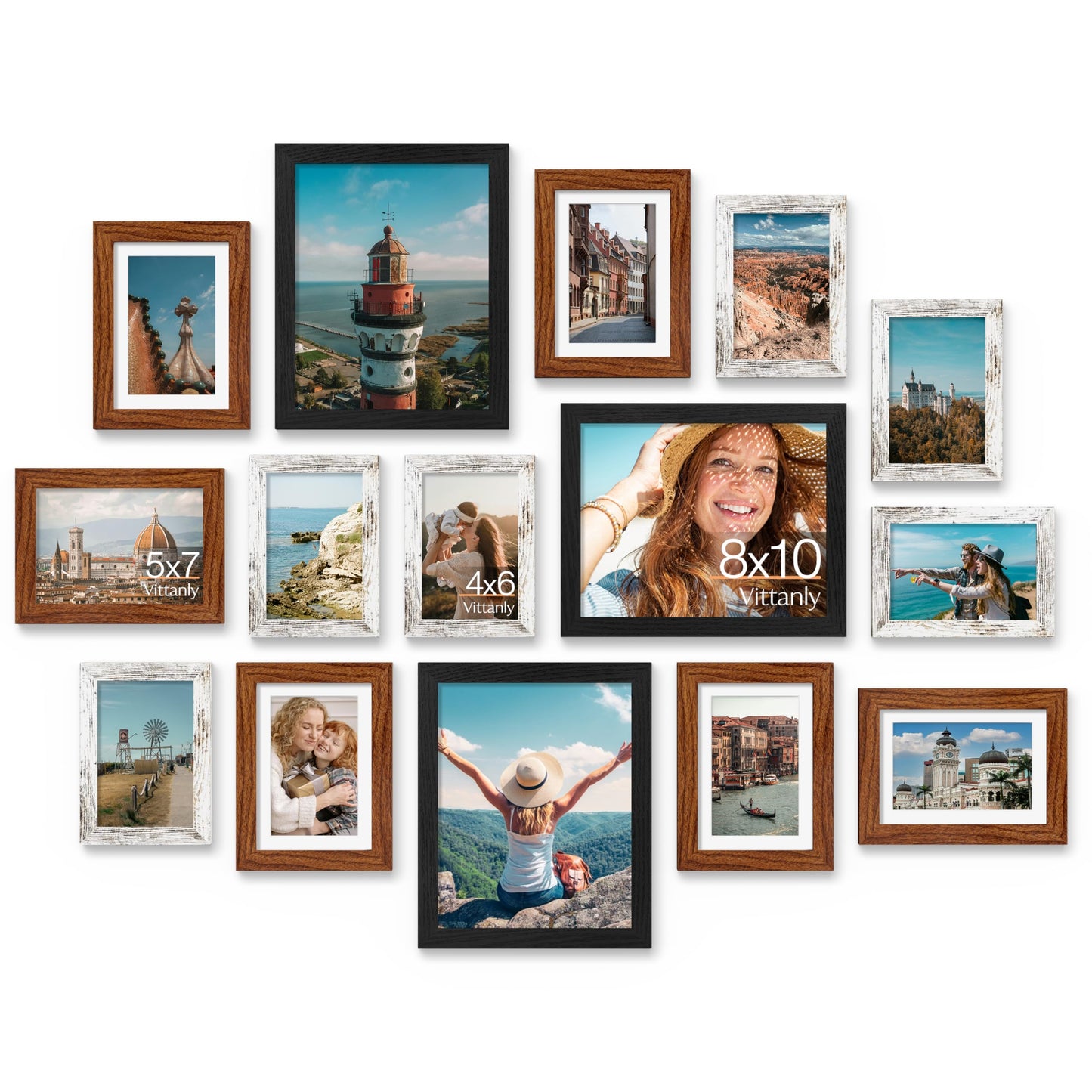 Vittanly 15 Pack Picture Frames Collage Wall Decor for Mounting or Tabletop Display, Gallery Frame Set for Family, Multi Sizes Including 3pcs 8x10, 6pcs 5x7, 6pcs 4x6, Black