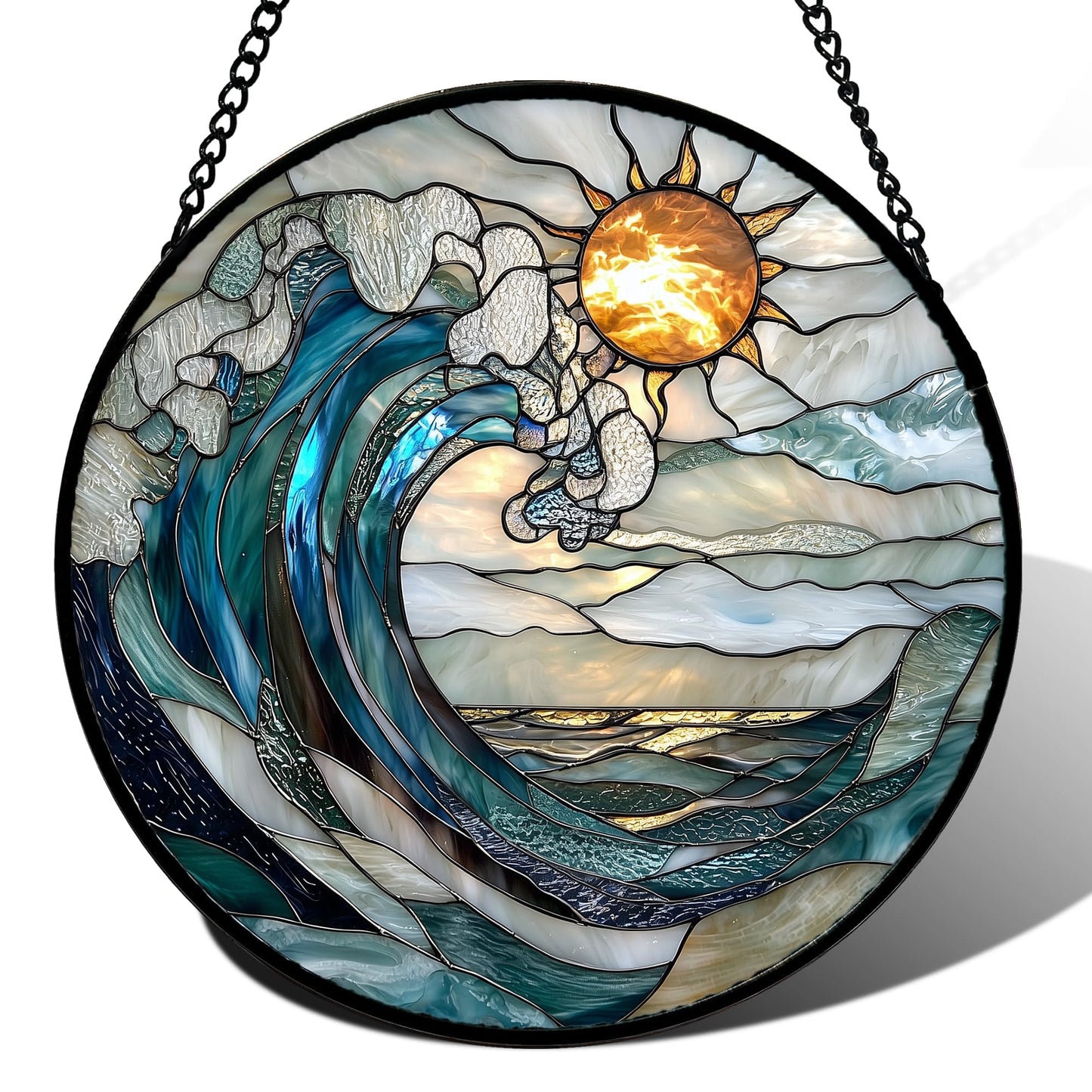 Stained Glass Window Hanging, Blue and White Waves Suncatcher Diamond Glass Panel Landscape Sun Catchers Decor for Birthday for Women, Men, Wife, Aunt, and Mom 7.8 in