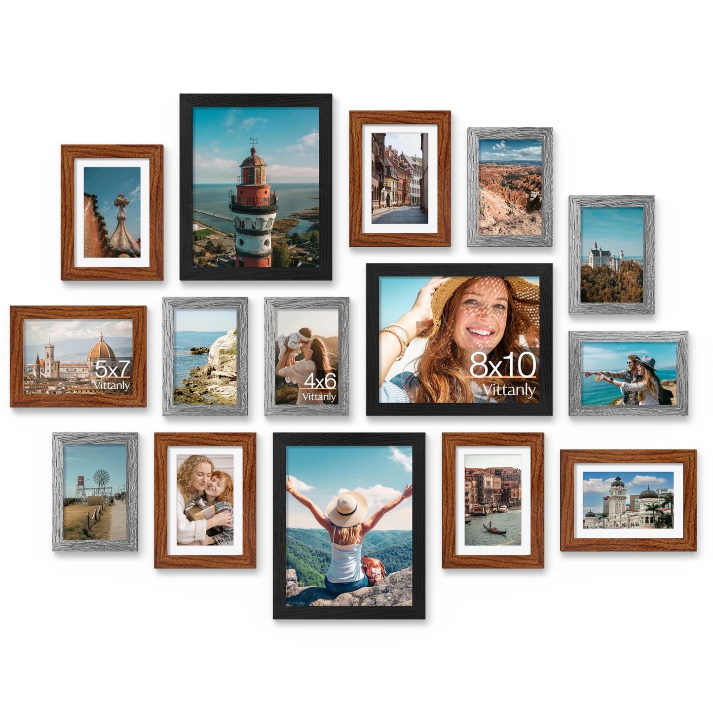 Vittanly 15 Pack Picture Frames Collage Wall Decor for Mounting or Tabletop Display, Gallery Frame Set for Family, Multi Sizes Including 3pcs 8x10, 6pcs 5x7, 6pcs 4x6, Black